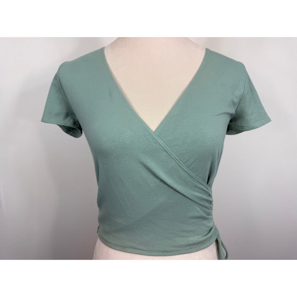 Hollister Y2K Wrap Style Baby Tee Sage Green Ruched Tie Womens Top Size S